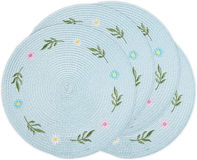 Whaline 4Pcs Round Daisy Placemats Spring Flower Embroidered Place Mats Greenery Floral Dinner Table Mats for Home Holiday Wedding Bridal Baby Shower Birthday Party Decor-Ruum Studio Home