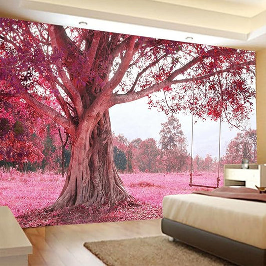 FENDROM Autumn Pink Flower Tapestry Window View Wall Hanging, Nature Forest Floral Trees Garden Scenic Tapestries for Living Room Home Office Dorm-Ruum Studio Home