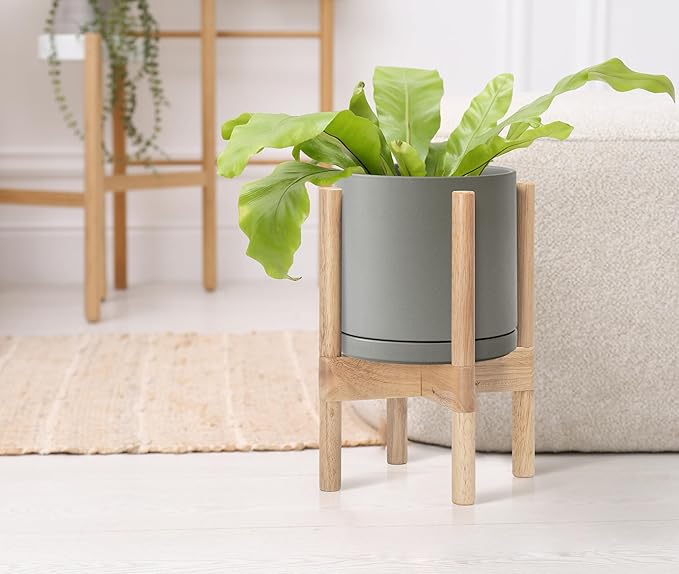 D'vine Dev Ceramic Planter with Natural Stand - 8 Inch Modern Round Flower Pot with Wood Planter Holder, Grey, 55-B-N-3-Ruum Studio Home
