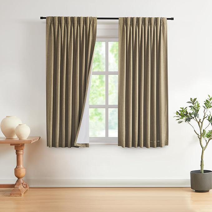Vision Home Brown Pinch Pleated Full Blackout Curtains Linen Blended Room Darkening Window Curtains 72 inch for Living Room Bedroom Thermal Insulated Pinch Pleat Drapes with Hooks 2 Panel 40" Wx72 L-Ruum Studio Home