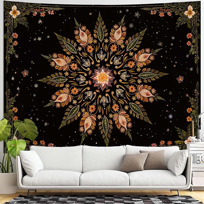 Fowocu Boho Floral Mandala Tapestry for Bedroom Aesthetic Vintage Bohemian Flower Wall Tapestry Black Green Hippie Indian Extra Large Tapestries Wall Hanging for Living Room Dorm Decor 90 x 68 Inch-Ruum Studio Home