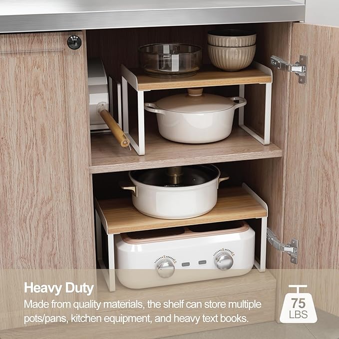 Mitus Shelf Organizer and Storage, Tiered Wood Cabinet Rack for The Kitchen Counter, Bathroom Counter, Pantry Cupboard, Office Desk Bookshelf, 16" Wide Natural and White (Large)-Ruum Studio Home