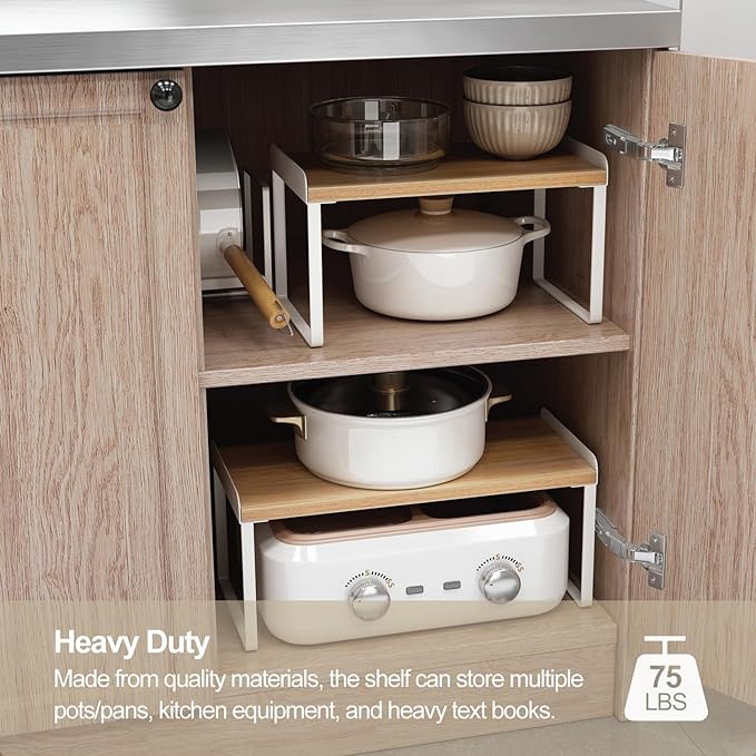 Mitus Shelf Organizer and Storage, Stackable Tiered Wood Cabinet Rack for Countertops, Desktops, Cabinets (Set of 2) 16" Wide Natural Oak and White-Ruum Studio Home
