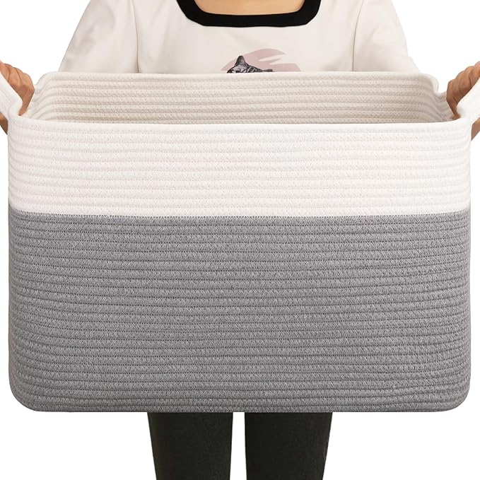 OIAHOMY 65L Blanket Basket, Cotton Rope Woven Blanket storage for Living Room, Rectangle Woven Baskets for Storage, 20''×16''×12'', Grey and White-Ruum Studio Home