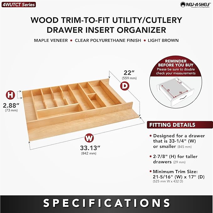 Rev-A-Shelf Trim-to-Fit Silverware Drawer Organizer For Kitchen Utensils, Cutlery Cabinet Storage Divider Insert, 33" x 22", Maple Wood, 4WUTCT-36-1-Ruum Studio Home