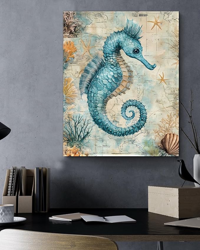 Nautical Seahorse Canvas Wall Art Sea Horse Ocean Theme Print Poster Coastal Framed Picture Painting for Home Beach House Bedroom Wall Decor 8x10 Inch-Ruum Studio Home