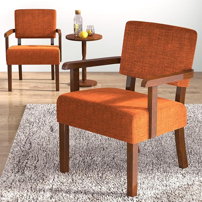 Accent Chair Set of 2 with Table, Living Room Chairs with Soft Seat and Armrests for Living Room Bedroom Reading Room Waiting Room (Orange), Linen, AC01-Ruum Studio Home