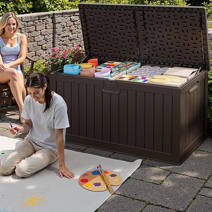 JUMMICO 250 Gallon Outdoor Resin Deck Box with Divider, Waterproof Storage Box with Lockable Lid&Side Handles for Garden Tools, Pools Supplies (Brown)-Ruum Studio Home