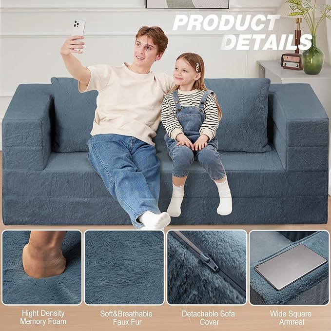 Folding Bean Bag Chair for Adults,3-in-1 Bean Bag Couch Faux Fur Floor Sofa Large Beanbag Convertible Bean Bag Sofa Bed with Pillow in Bedroom,Living Room,Apartment(Queen,Gray)-Ruum Studio Home