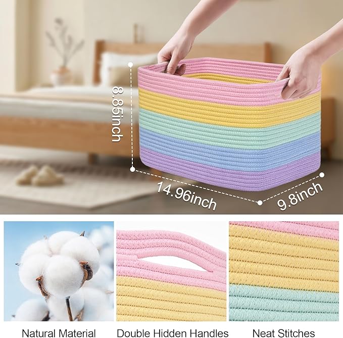 Shelf Baskets for Organizing, Woven Storage Basket for Shelves，Cotton Rope Storage Bins for Toys Books, Nursery Towel Baskets for Classroom, 14.96"X9.8"X8.85", 3-Pack Pastel Rainbow-Ruum Studio Home