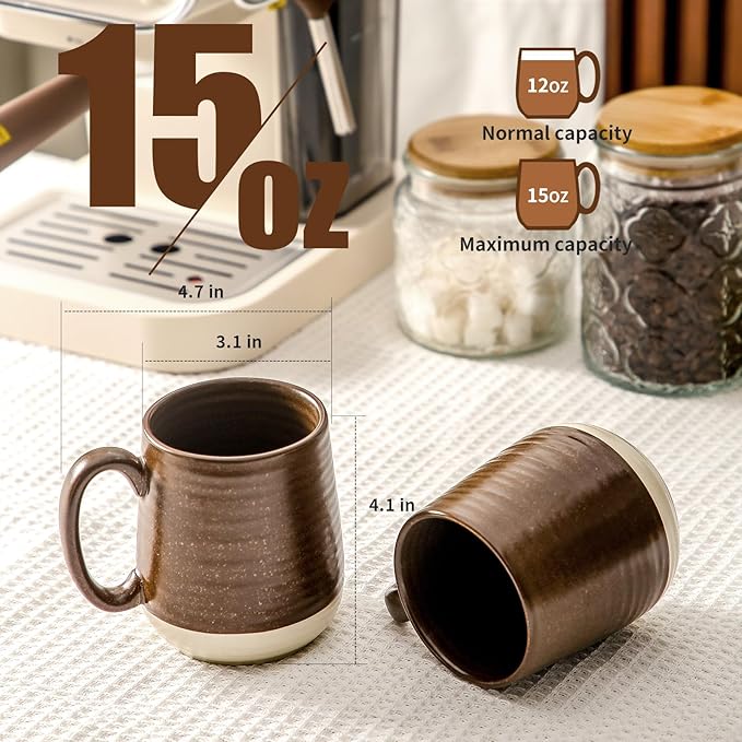 Hasense Ceramic Coffee Mug Set of 4, 15 oz Coffee Cups with Big Handles, Large Latte Mugs for Men and Women, Christmas Cups for Tea, Hot Cocoa, Latte, Cappuccino, Dishwasher Microwave Safe, Brown-Ruum Studio Home