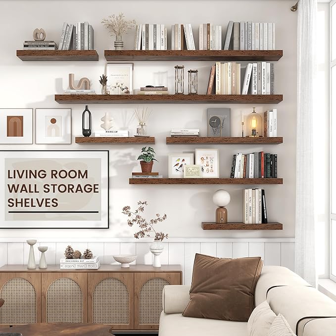 Floating Shelves - 2 Large Wall Mounted Shelves with Invisible Brackets, Long Wood Floating Wall Shelf for Living Room, Bedroom, Kitchen, (Brown, 24" W x 9" D x 1.5" H)-Ruum Studio Home
