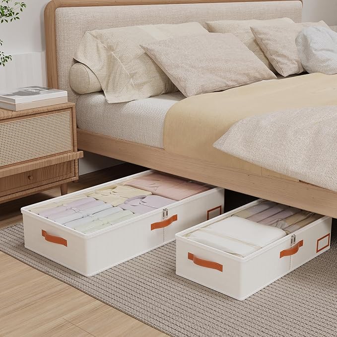 Yawinhe Under Bed Storage Containers, 2 Pack, Bin with Lids, Collapsible Closet Organizers, with Sorting Card Slot and 4 Leather Handles, for Blanket, Bedding, 31.5''Lx15.7''Wx6''H, Beige-Ruum Studio Home