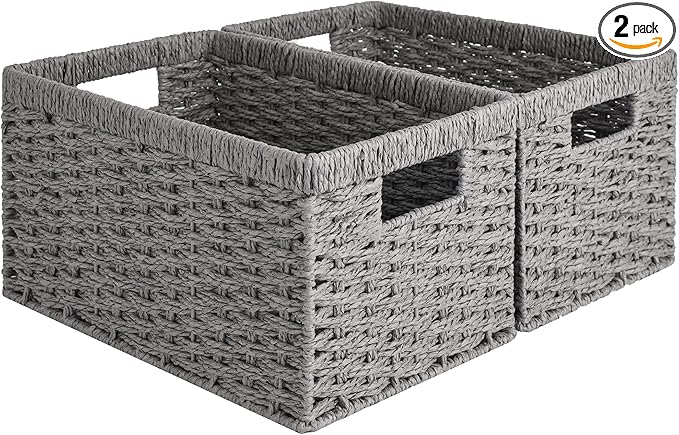 StorageWorks Round Paper Rope Storage Baskets, Rectangular Wicker Baskets with Built-in Handles, Gray, 2-Pack-Ruum Studio Home