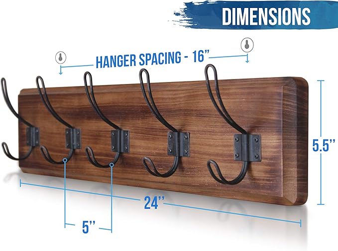 HBCY Creations Dark Wash Brown Rustic Coat Rack Wall Mount with 5 Hooks, Solid Pine Wood 24 inch Wall Hooks for Entryway, Mudroom, Hallway, Bathroom - Vintage Farmhouse Style Wall Mounted Towel Rack-Ruum Studio Home