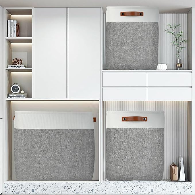 DULLEMELO Storage Baskets 17 inch Large Basket for Blanket Living Room, Foldable Storage Bins Baskets for Organizing [3 Pack] Blanket Storage Baskets Organizer for Home,Office,Closet(White&Grey)-Ruum Studio Home