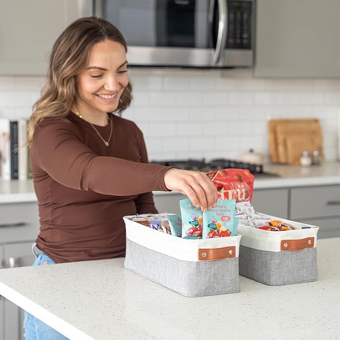OrganiHaus Narrow Storage Bins 15x06in, Small Closet Bins for Shelves, Bathroom Storage Baskets for Shelves, Narrow Baskets, Fabric Organizer with Handles, Toilet Paper Organizer - 2 Pack, Gray-Ruum Studio Home
