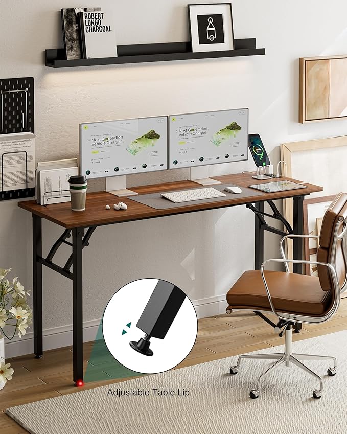 Frylr Small Folding Computer Desk – 55.1 Inch Portable Table for Craft and Study, Lightweight Desk for Small Spaces, Foldable Laptop Table Built-in AC/USB Outlets for Convenience, Dark Walnut-Ruum Studio Home