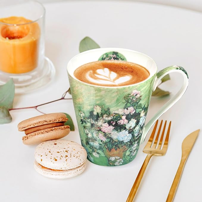 Coffee Mug Sets of 4, 12oz Bone China Porcelain Cups with Art Print Large Handle Dishwasher Microwave safe for Tea Cocoa or Hot Chocolate-Ruum Studio Home