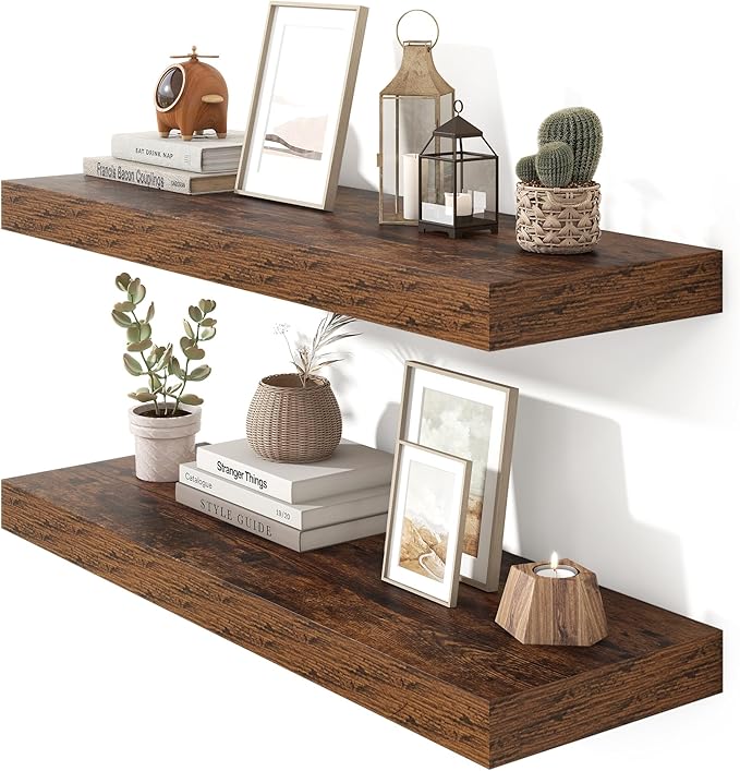 Heimlove 36 Inch Floating Shelves for Wall Set of 2,Rustic Brown Wall Shelves for Storage & Decor - Heavy Duty with Invisible Brackets,Perfect for Living Room,Bedroom,Home Office-Ruum Studio Home