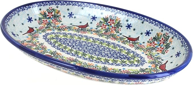 Blue Rose Polish Pottery Winter Cardinal Oval Platter-Ruum Studio Home