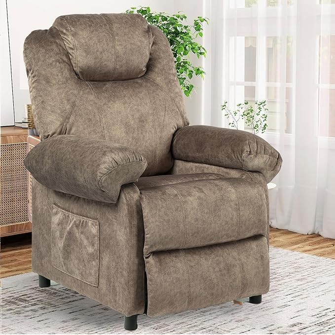 KCREAM Massage Recliner Chair with Heat,Overstuffed Fabric Recliner Chairs with Heating,Small Recliner for Living Room Bedroom, Manual Reclining Single Sofa Recliners Lounge Chair for Adult,Brown-Ruum Studio Home
