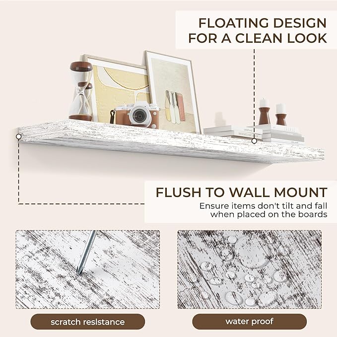 RICHFOCUS 55Inch Floating Shelves for Wall 2 Pack Shelves for Bedroom|Kitchen|Bathroom Wall Mounted Rustic Distressed Wood Floating Shelf with Invisible Brackets for Books|Storage|Decor, Rustic-Ruum Studio Home