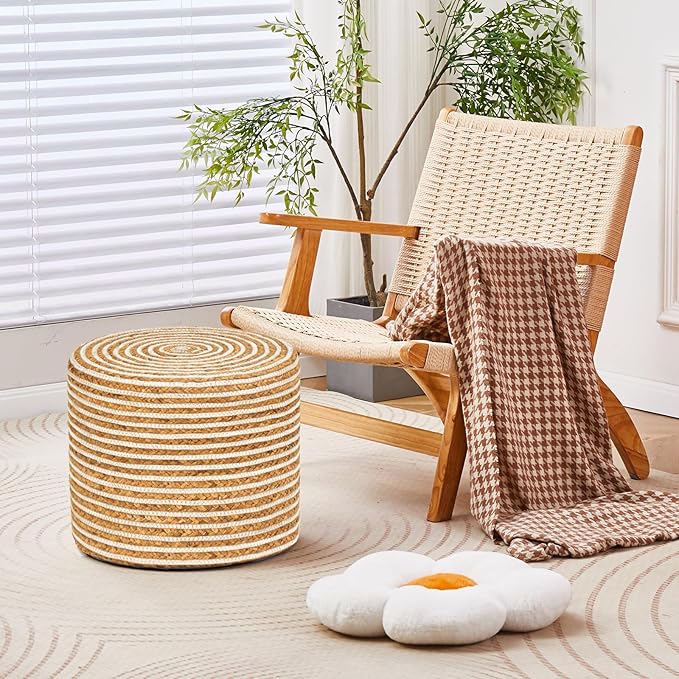 Wimarsbon 18'' Ottoman Pouf, Natural Braided Poof, Rustic Handweave Lounge Pouffe, Boho Footrest Stool for Bedroom, Accent Table or Seat for Living Room (Natural Water Hyacinth + White Cotton Rope)-Ruum Studio Home