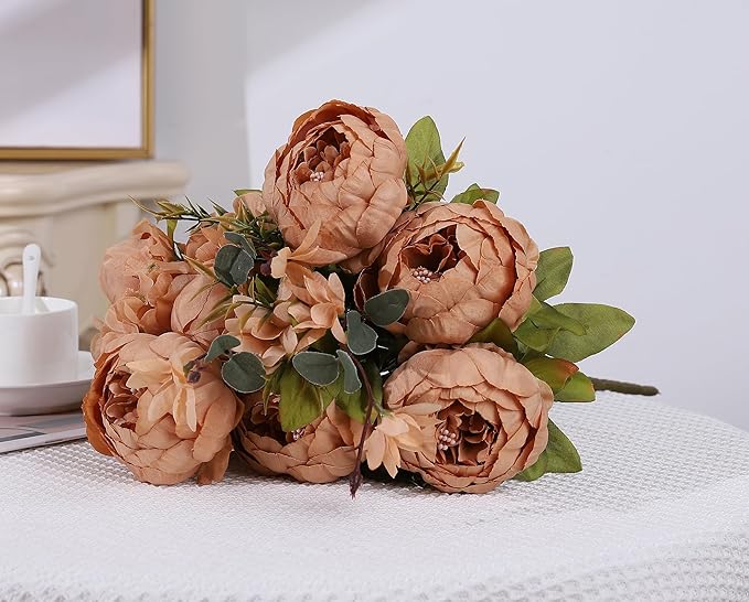 Duovlo Artificial Peony Silk Flowers Fake Flowers Vintage Wedding Home Decoration,Pack of 1 (Dark Champagne)-Ruum Studio Home