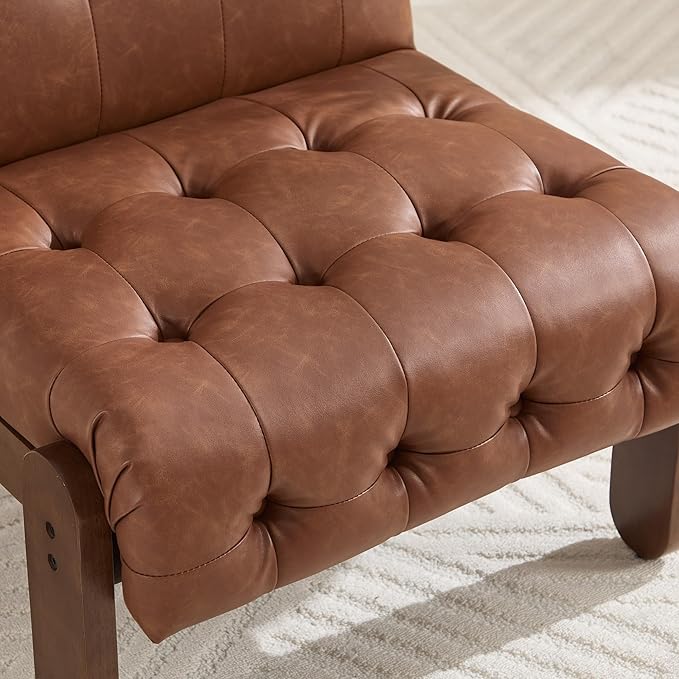 Modern Armless Accent Chair Set of 2 for Living Room, Brown PU Leather Button Tufted Upholstered Lounge Reading Chair with Walnut Wood Frame-Ruum Studio Home