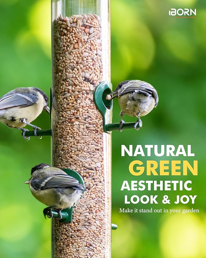 iBorn Metal Bird Feeders 6 Ports Hanging Wild Bird Seed Feeder for Mix Seed Blends, Niger Seed Feeder, Sunflower Heart, Birdbath, Heavy Duty All Metal Green Finishing 14 Inch 6Port, Pack of 2-Ruum Studio Home