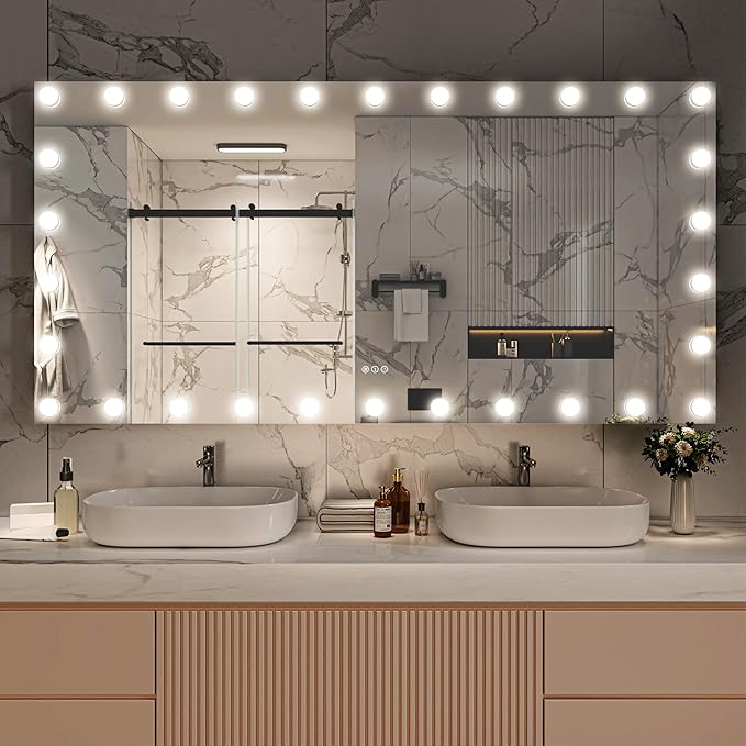 Hasipu LED Bathroom Mirror with Lights, 71" x 36" Hollywood Wall-Mounted Bathroom Mirror with 30 Dimmable Bulbs, 3 Colors Modes, Touch Control, Anti-Fog, Memory Function, Shatter-Proof, ETL Listed-Ruum Studio Home