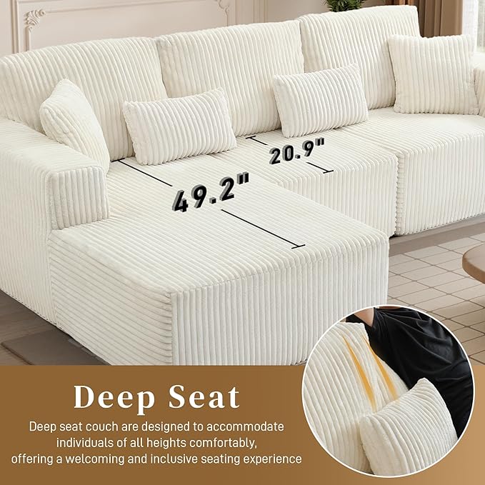 HYJT-H&K Modular Sectional Sofa Cloud Sectional Couch, 107" Comfy Fluffy L Shaped White Couches for Living Room, Deep Seat Memory Foam Plush Corduroy Boneless Couch Sectionals Left Facing Chaise Sofa-Ruum Studio Home