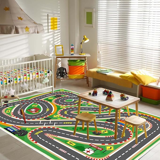 Kids Rug Play mat Playroom Rugs Car Rugs for Kids Toy Cars Race Track for Classroom Rug (Race-Green, 5.2x7.9ft)-Ruum Studio Home