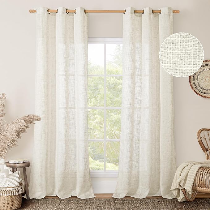 LAMIT 38 Inch Width Semi Sheer Linen Curtains 2 Panels, Cream Ivory Light Filtering Panels Bronze Grommet Boho Neutral Drapes for Living Room/Bedroom/Farmhouse, 38 x 84 Inch-Ruum Studio Home