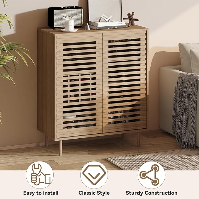 Mid Century Bar Cabinet with Wine Racks, Modern Liquor Cabinet with Slatted Doors for Dining Room, Living Room (Natural Color)-Ruum Studio Home