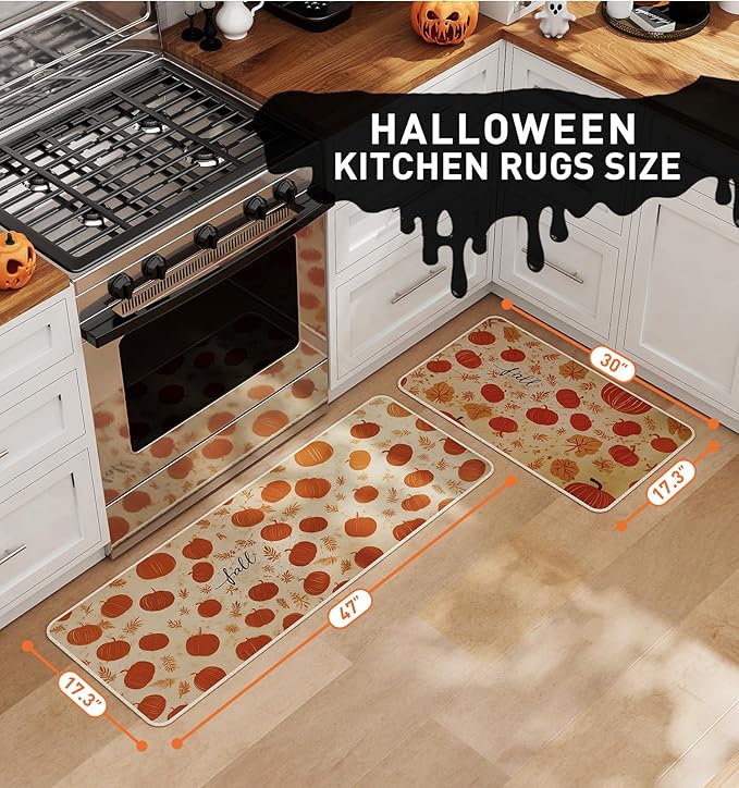 Halloween Kitchen Mat Set of 2, Pumpkin Kitchen Halloween Decor, Fall Decorations for Home, Halloween Rug for Floor,Indoor Home Decor with Non-Slip Backing,17 x 29 Inch & 17 x 47 Inch-Ruum Studio Home