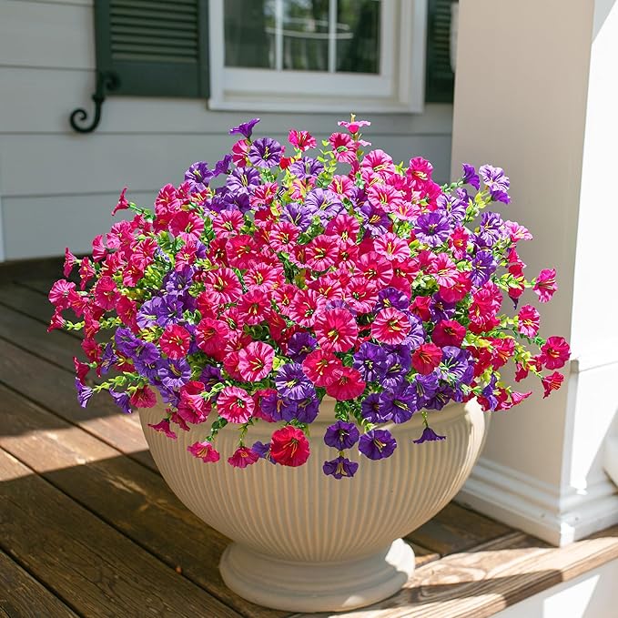 Artificial Flowers for Outdoors Fake Plants Outside Decoration, 12 Bundles Silk Colorful Morning Glory with Eucalyptus UV Resistant Realistic Faux Flowers for Planter Porch Patio Yard Garden-Ruum Studio Home