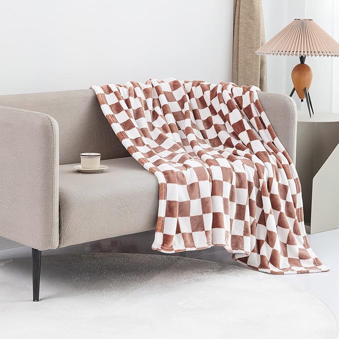 LOMAO Throw Blankets Flannel Blanket with Checkerboard Grid Pattern Soft Throw Blanket for Couch, Bed, Sofa Luxurious Warm and Cozy for All Seasons (Maple Brown, 60"x80")-Ruum Studio Home