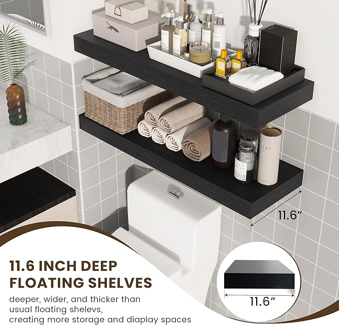 Deep Floating Shelves for Wall, 12'' Deep Large Floating Shelves Set of 2, 36 Inch Distressed Black Wood Shelves for Living Room Bathroom Laundry Room Bedroom Kitchen Home Office - Black-Ruum Studio Home