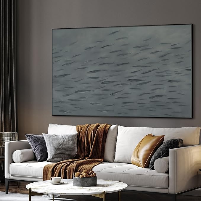 SIGNWIN 46"x72" Extra Large Framed Wall Art Gray School of Fish Minimalist Ocean-Inspired Marine Life Illustration for Home Living Room Bedroom Decor (Frame Assembly Required)-Ruum Studio Home