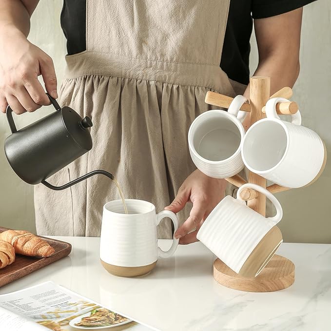 Large Ceramic Coffee Mugs Set - 15 OZ Porcelain Coffee Latte Cups Set of 4 with Handle Perfect for Cappuccino, Tea, Mocha, Hot or Cold Drinks, Unique Glaze Design for Home, Cafe and Coffee Bar, White-Ruum Studio Home
