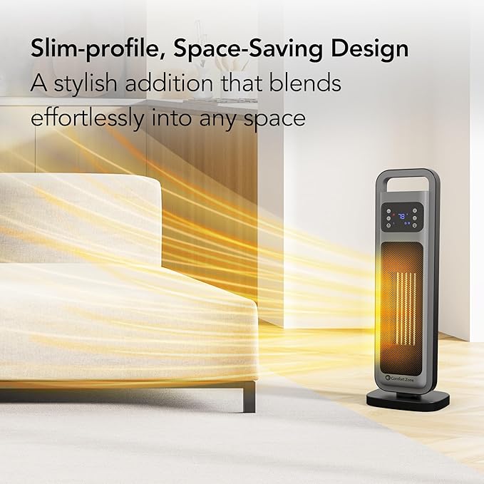 Comfort Zone Oscillating Digital Tower Heater with Remote Control for Indoor Use, Adjustable Thermostat, Timer, Overheat Protection, Tip-Over Switch, Ideal for Home, Bedroom, & Office, HT1206-GRY-Ruum Studio Home