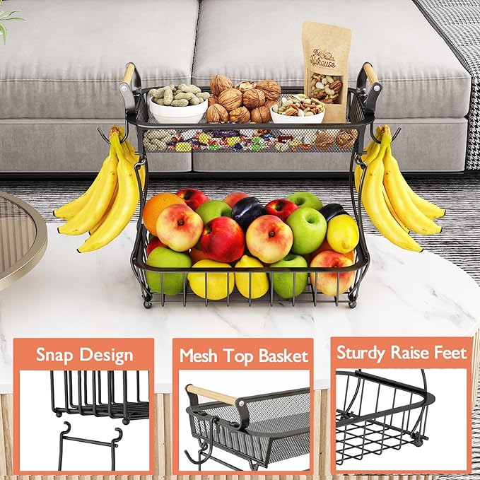 ANTOPY 2 Tier Fruit Basket with 2 Banana Hangers, Countertop Fruit Vegetable Basket Bowl for Kitchen Counter Metal Mesh Basket Fruits Stand Produce Holder Organizer for Onion Potato Bread Snack Veggie-Ruum Studio Home