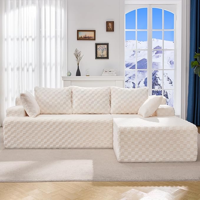 Hobestluk 96“ Modular Sectional Sofa Couches L-Shape Couch 3 Seat Modular Sofa Memory Foam Sectional Couches for Living Room, Cloud Couch with Oversized Chaise (White, Checked (Right Facing Chaise))-Ruum Studio Home