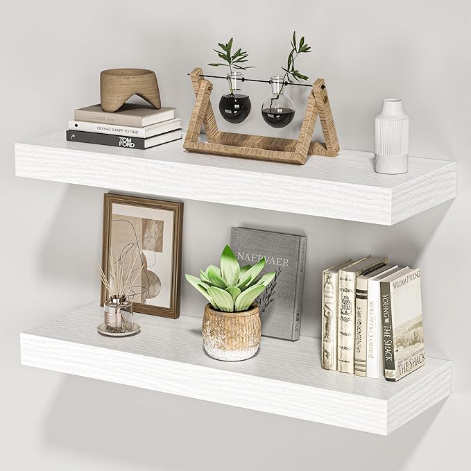 Floating Shelves for Wall, 24" W x 6.7" D x 1.5" H, Wooden Wall Mounted Display Shelves with Invisible Brackets for Living Room, Bedroom, Bathroom, Kitchen Decor and Storage, Set of 2, White-Ruum Studio Home