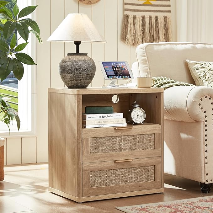 LEYAOYAO Boho Rattan Coffee Table and End Table Sets, 48" Wide Center Tables & 23" Night Stand with Charging Station Chest of Drawers, Natural Wood Coffee Table for Living Room 2 Piece Set-Ruum Studio Home
