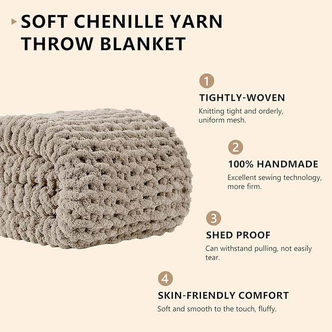 L'AGRATY Chunky Knit Blanket Throw: 60''x80'' Chenille Chunky Knitted Throw Blanket for Bed Couch - Handmade Thick Big Cable Knit Blanket - Large Crochet Rope Blanket for Home Decor(Light Linen)-Ruum Studio Home