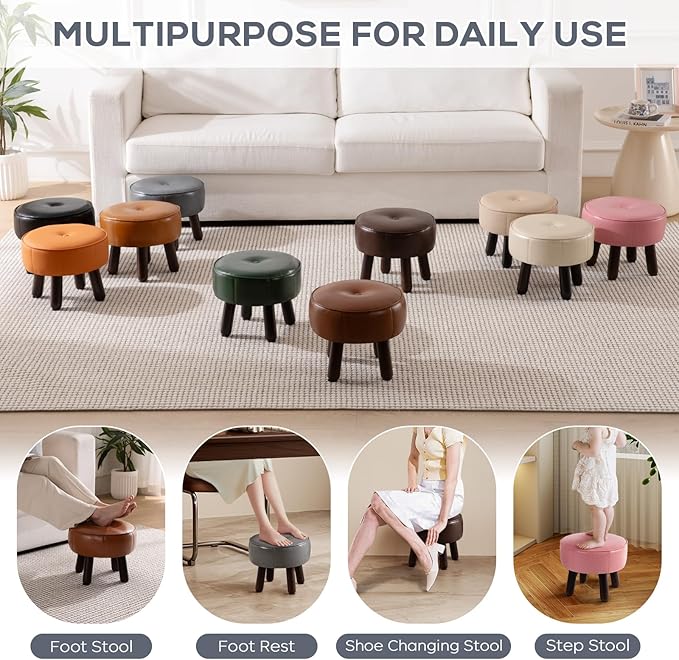 Ottoman, Small Foot Stool, Round Leather Pouf Ottoman, 13''L x 13''W x 10.2''H Foot Rest with Non-Skid Rubber Legs for Living Room Bedroom Couch Entryway, Grey-Ruum Studio Home
