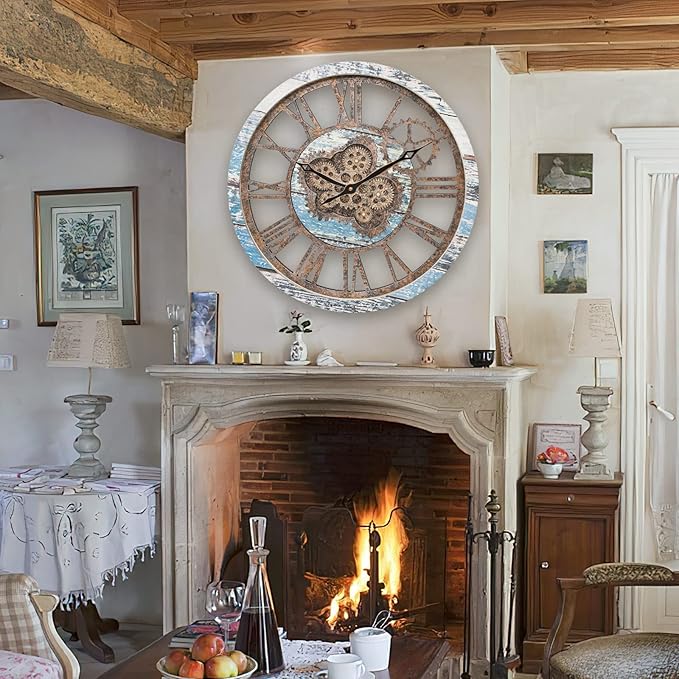 HOIBAI Large Wall Clock, Wall Clocks for Living Room Decor 20 Inch Farmhouse Vintage Rustic Kitchen Wall Decor Vintage Roman Oversized Wall Clock for Home Bedroom House Office, Moving Gears Clock-Ruum Studio Home